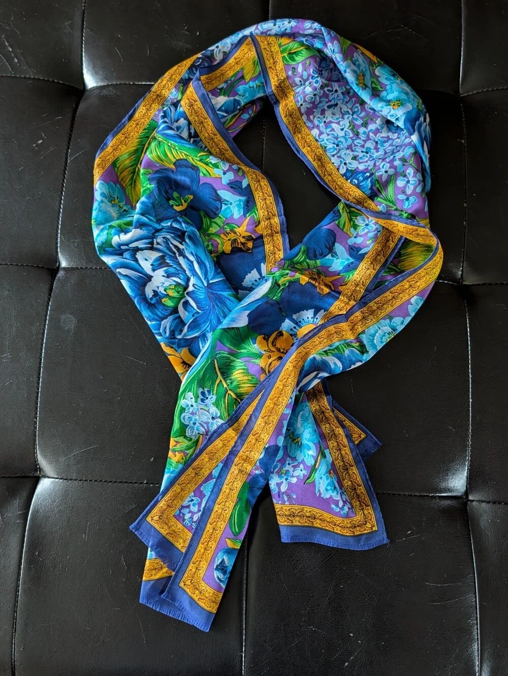 Blue Floral Border Silk Women's Scarf Oscar De La Renta Studio
